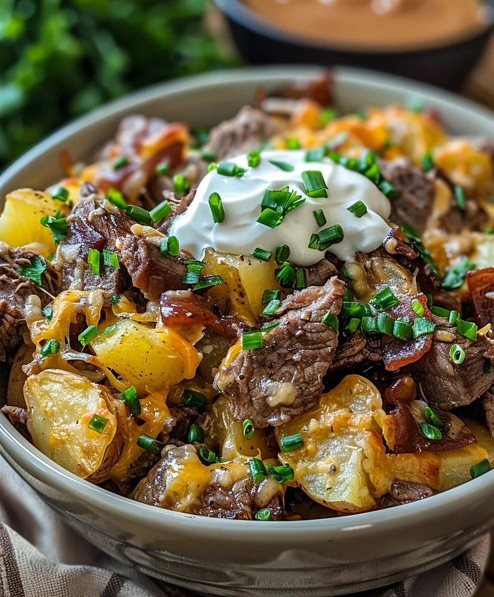 Crockpot Loaded Steak And Potato Bake
