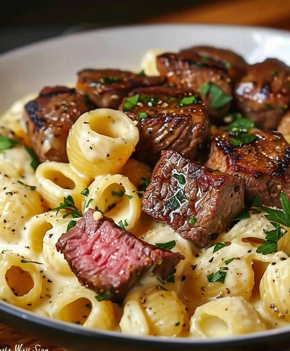 Steak Bites Shell Pasta with Garlic Butter Alfredo Sauce